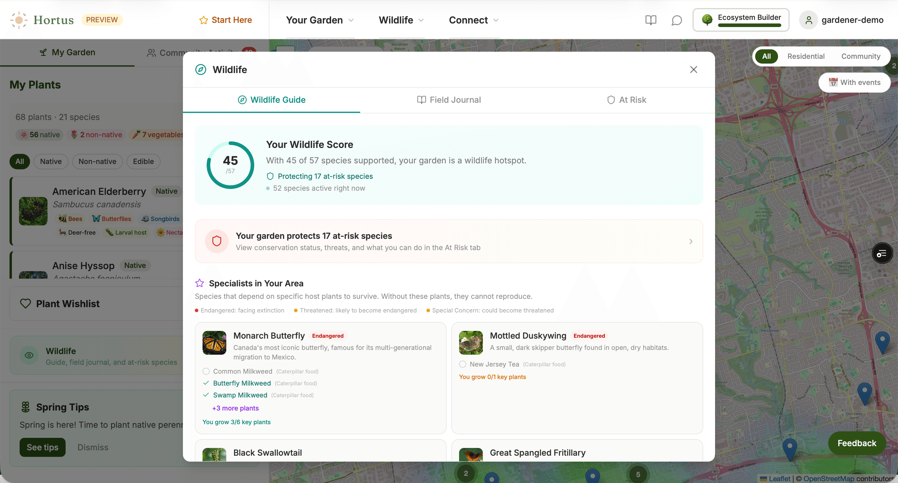 Wildlife Guide showing species supported and at-risk species your garden protects