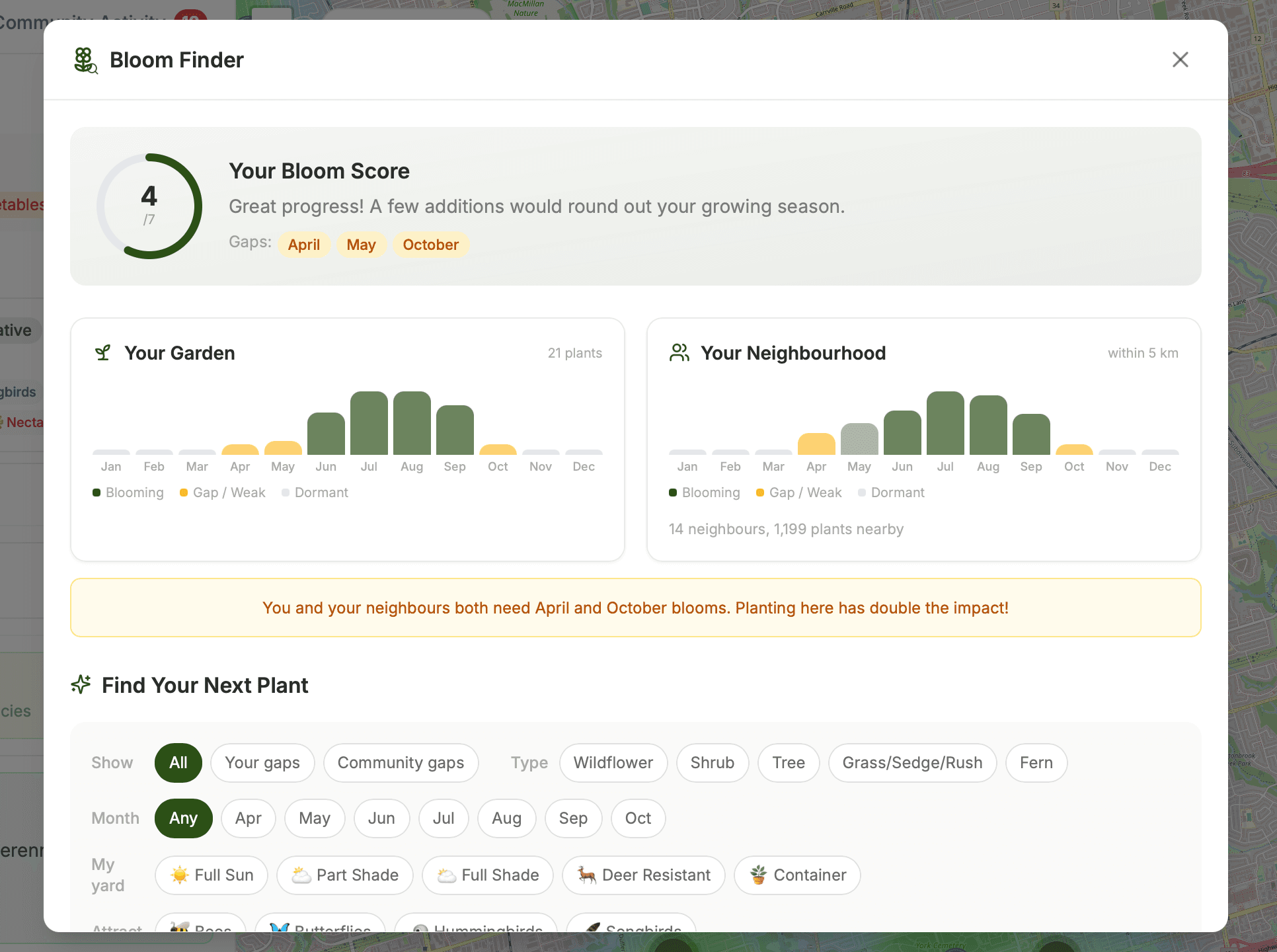 Bloom Finder with bloom score, gap analysis, and neighbourhood comparison