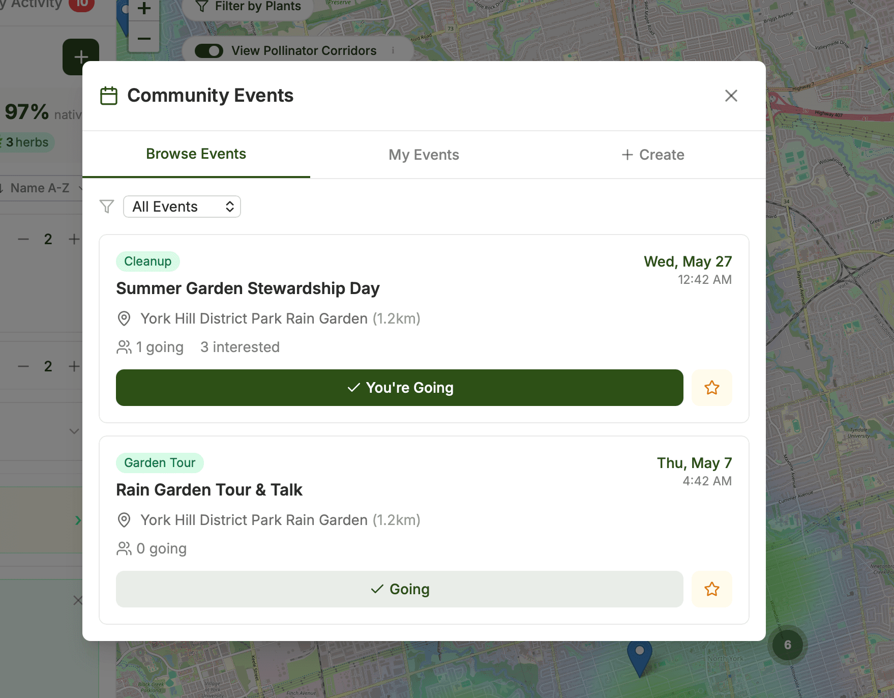 Community events with RSVP and stewardship days